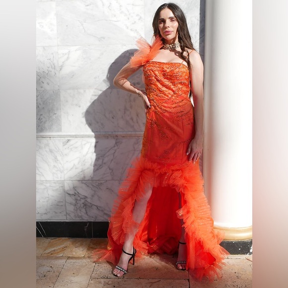 Upcycled Orange High-Low Prom Dress with Tulle Ruffle Detailing - Size Small - Picture 1 of 7